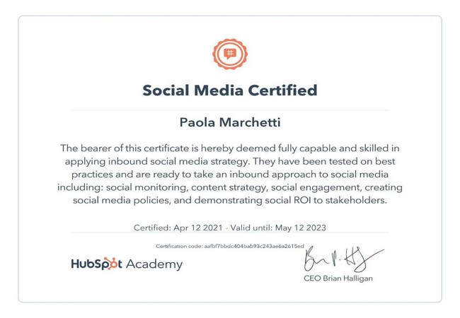 Certificazione Hubspot Academy Social media manager marketing Paola Marchetti esperta professionista manager